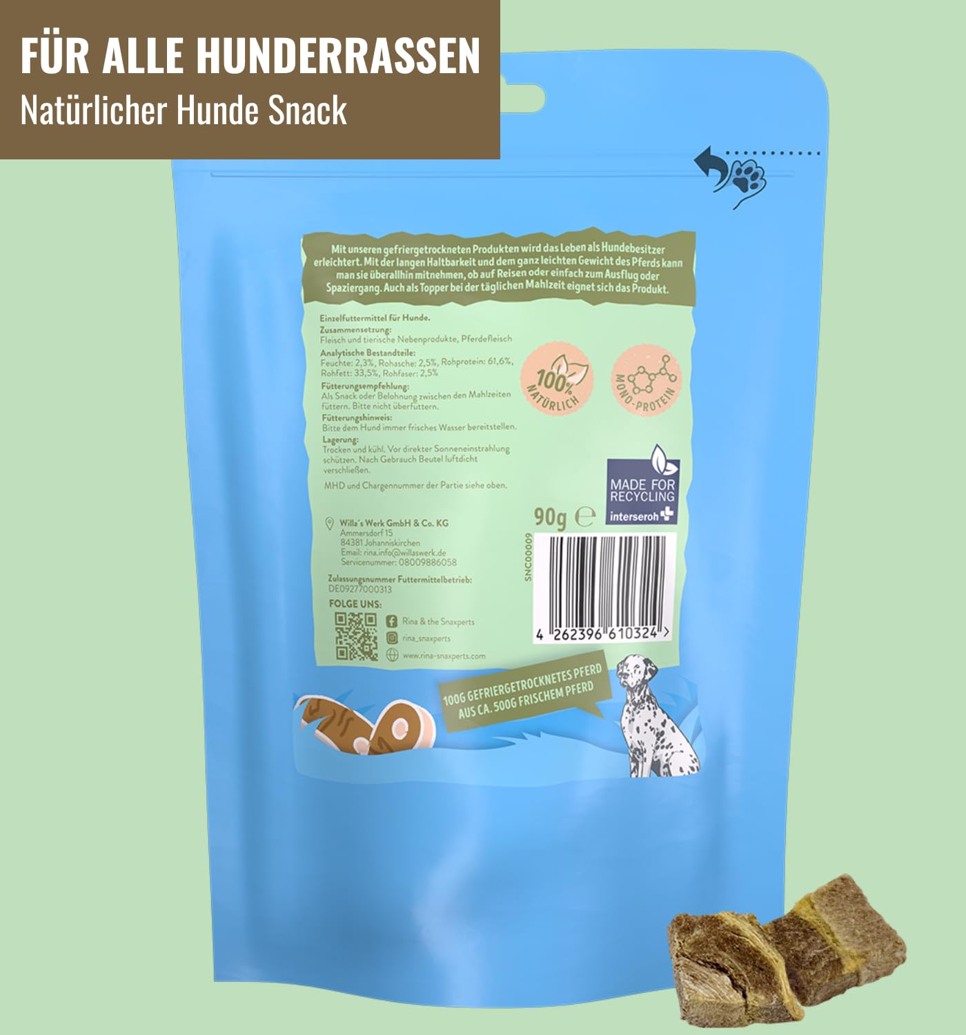 RiNa 100% Pferdefleisch gefriergetrocknet Hundesnack, Barf Topper 6x90 g