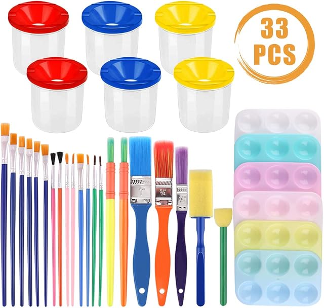 QUACOWW 33 Pcs No Spill Paint Cups and Brushes with Paint Palettes, Kid Drawing Tool Sets for Toddlers, Early Childhood