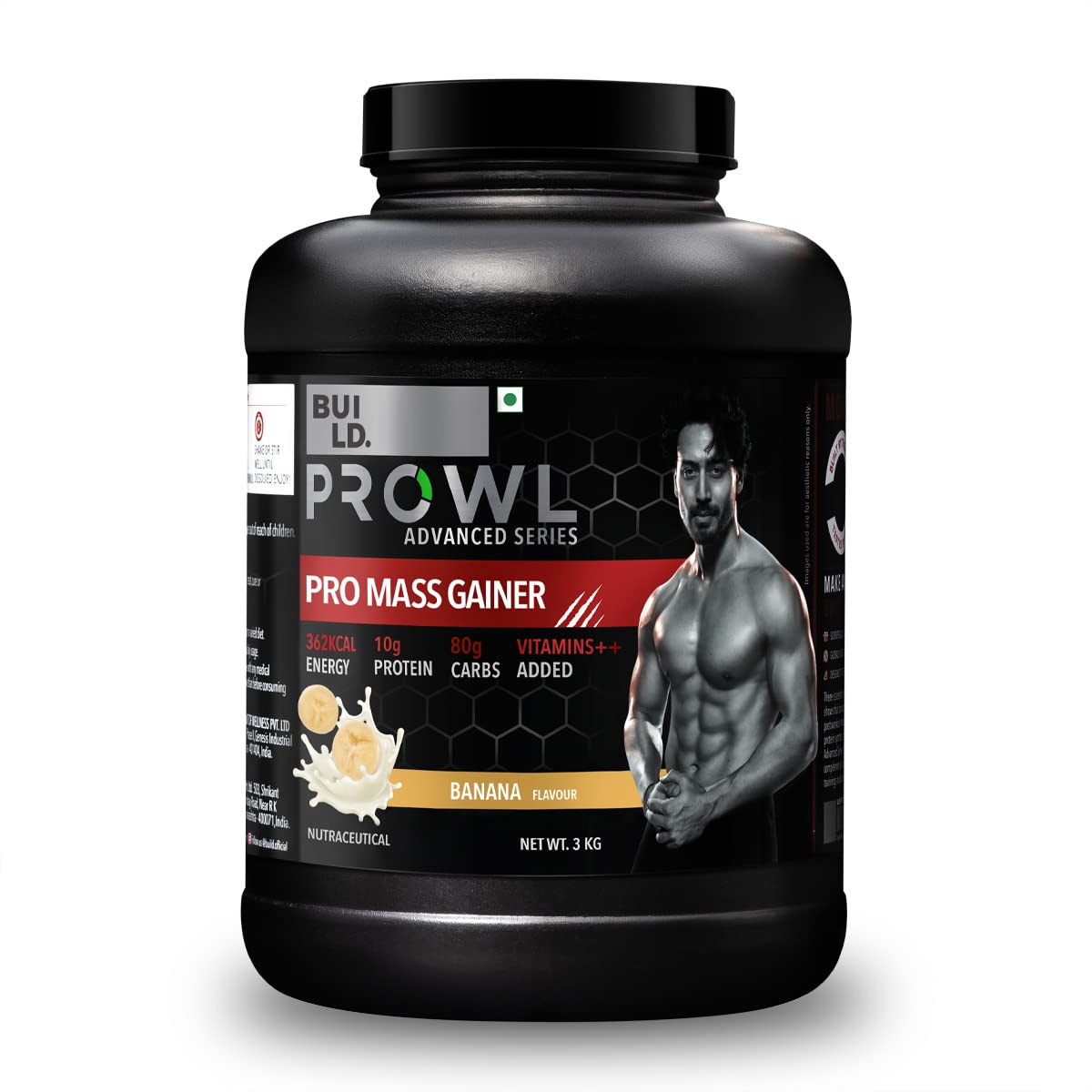 BUILD. Prowl Advanced Series Pro Mass Gainer Banana Flavor Powder (3 Kg) | 1:8 Mass Gainer| 10 Gms Whey Protein Concentrate | 80 Gms Complex Carbs| 362 Kcal Per Serving| Added Vitamins
