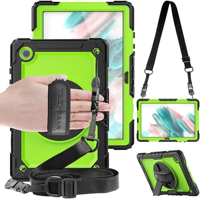 TECHGEAR UTILITY Case fits Samsung Galaxy Tab A8 10.5" (SM-X200 / SM-X205) Tough Rugged HEAVY DUTY Armour Shockproof Impact Case with 360 Rotating Stand, Hand Strap and Shoulder Strap Case - Green