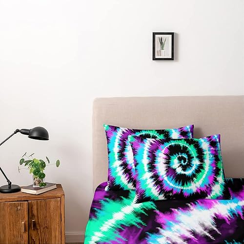 Miniatura 2 de Holiyjog Juego de funda de edredón de teñido anudado, tamaño individual, color morado y azul, juego de cama para niñas, funda de edredón y fundas de