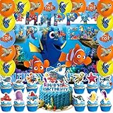 42Pack Finding Nemo Party Supplies Pack Includes，Banner，Cake Topper，Blackdrop,Balloons for Finding Nemo party Decoration plates