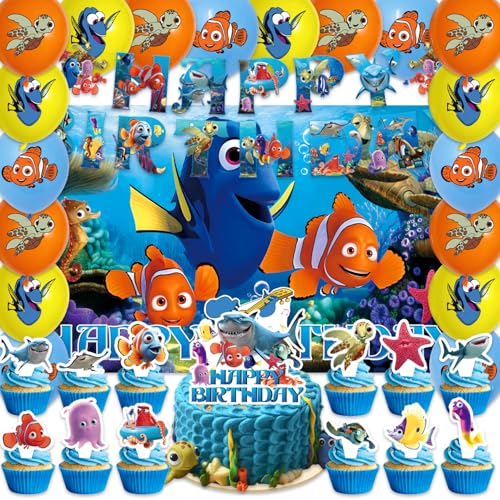 42Pack Finding Nemo Party Supplies Pack Includes，Banner，Cake Topper，Blackdrop,Balloons for Finding Nemo party Decoration plates