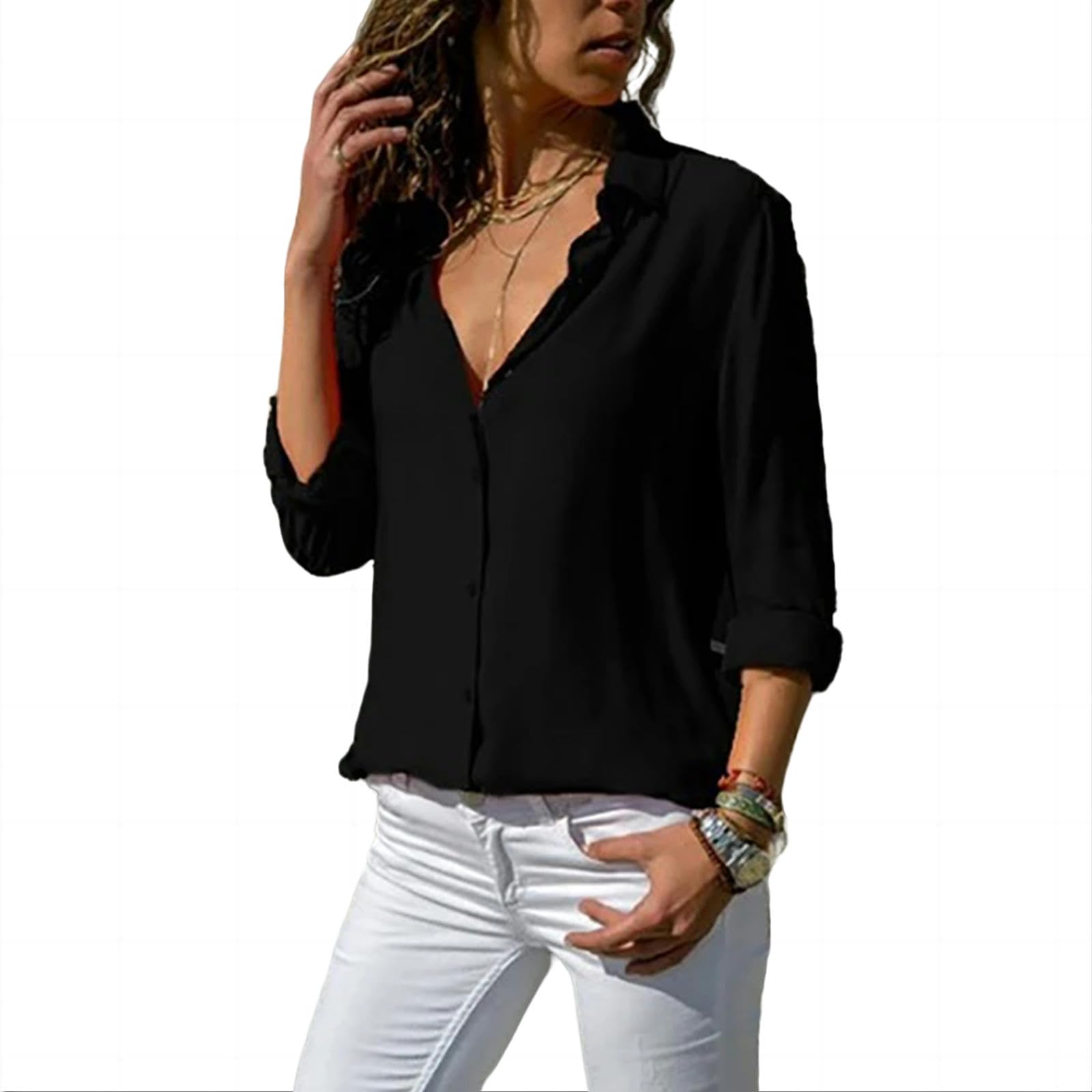 Bluse Damen Frauen Elegant Solide Chiffonbluse Frühling Sommer Lässig Langarm Gegen Nacken Lose Hemd