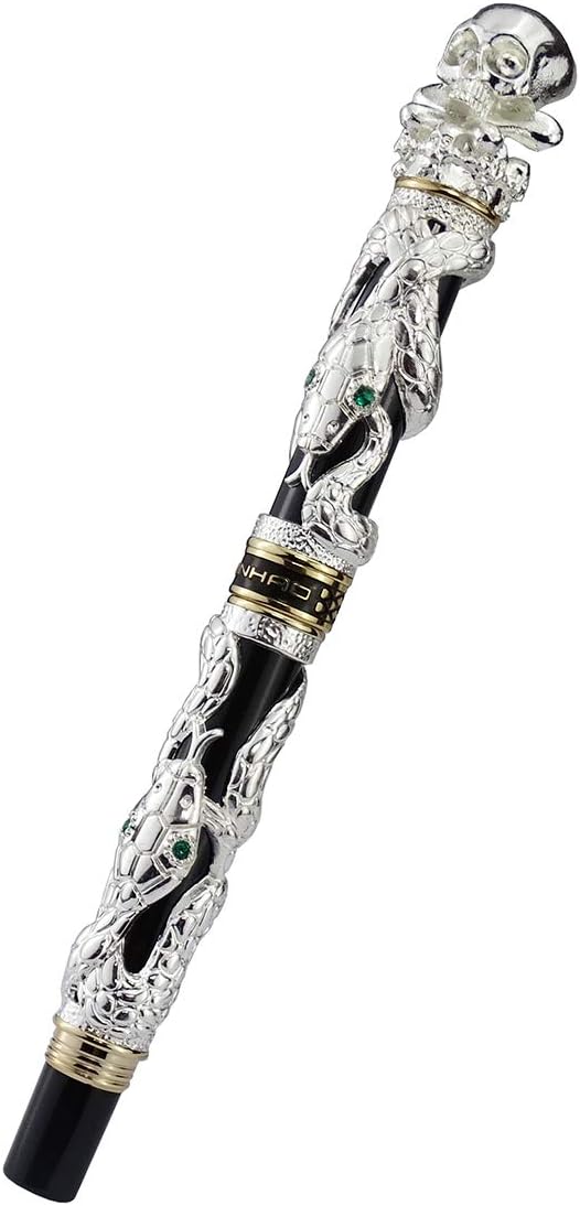 Jinhao Silver Skull Head Rollerball Pen, Snake Barrel Solid Metal Writing Pen