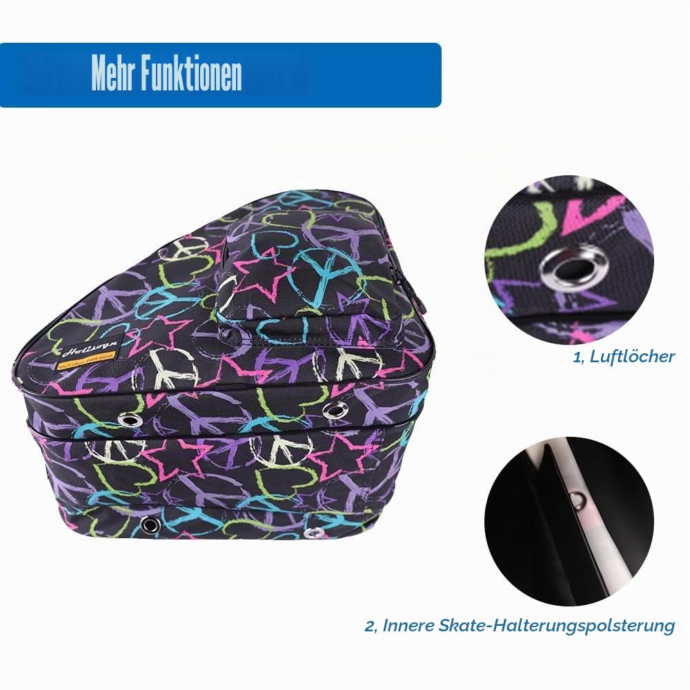 Holisogn EIS-, Figuren-, Inline- und Rollschuh-Taschen, hochwertige und modische Taschen für Kinder, Jugendliche, Erwachsene in Allen Größen (Peace & Love), Schwarz HLS002