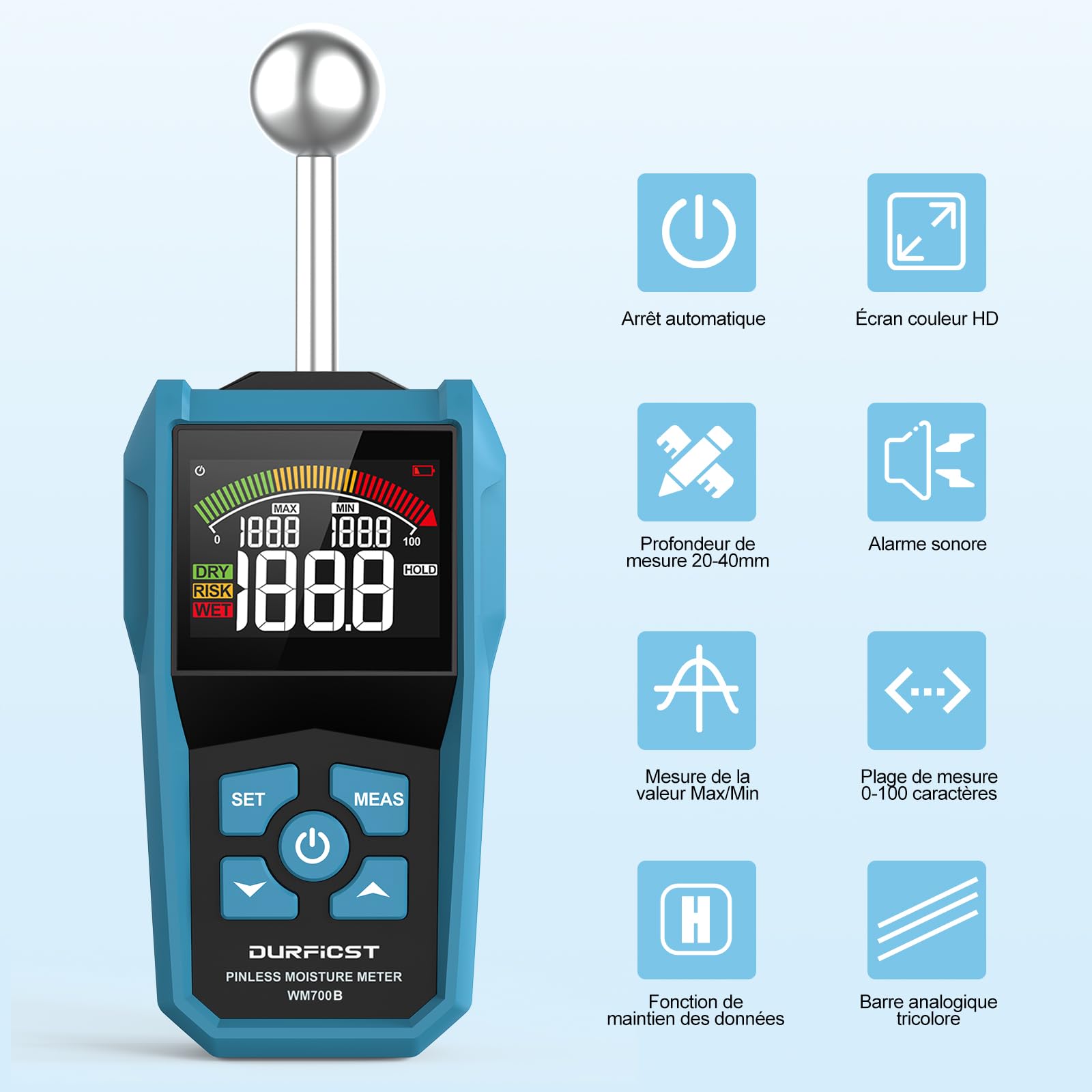 DURFICST Humidimetre Testeur Humidité avec Ecran LCD Couleur 5-40 mm Profondeur Analyse