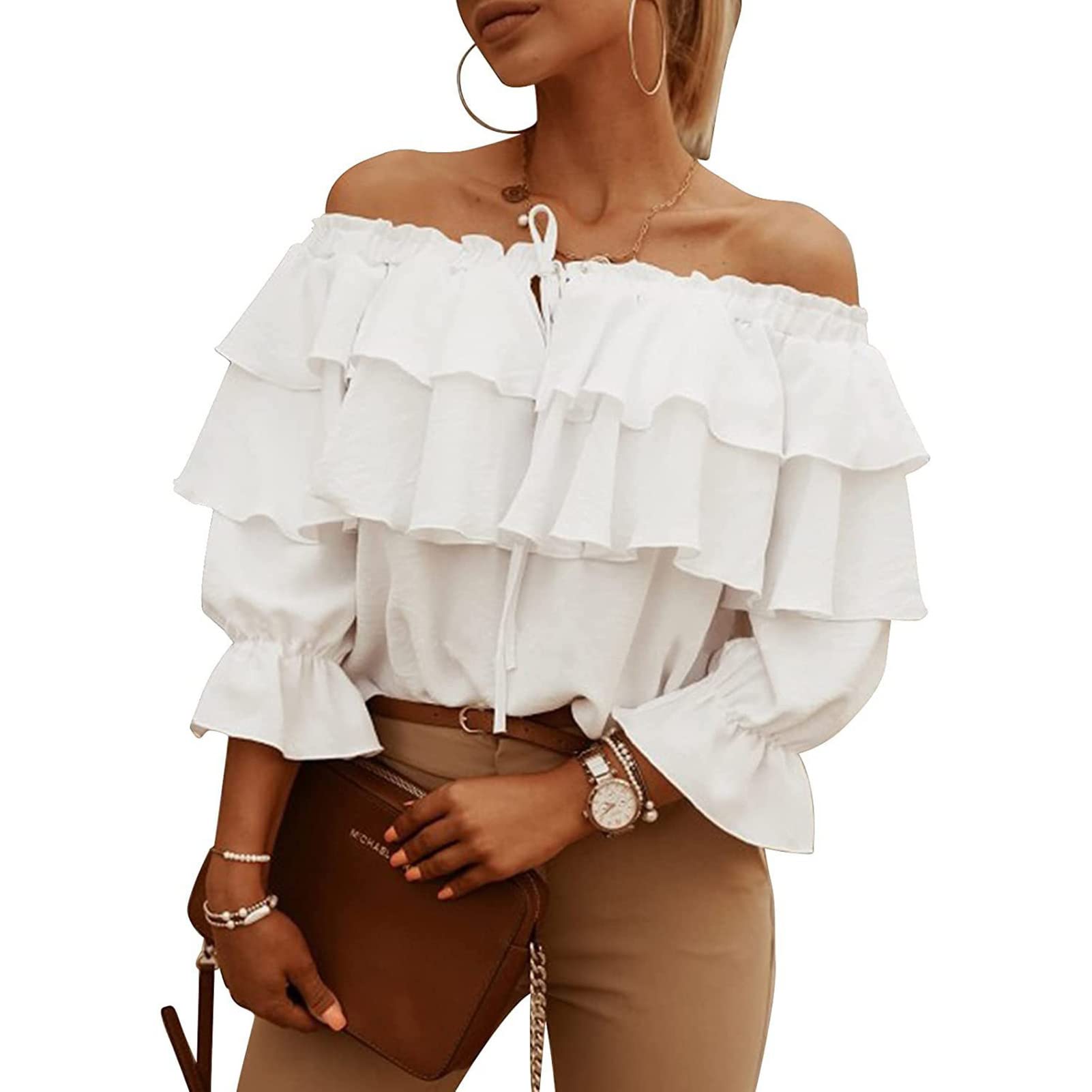 Ejoyous Top con Hombros Descubiertos para Mujer con Mangas de Linterna Blusa con Hombros Descubiertos Verano Casual Elegante Volantes en Capas Camisa de Manga Larga Top