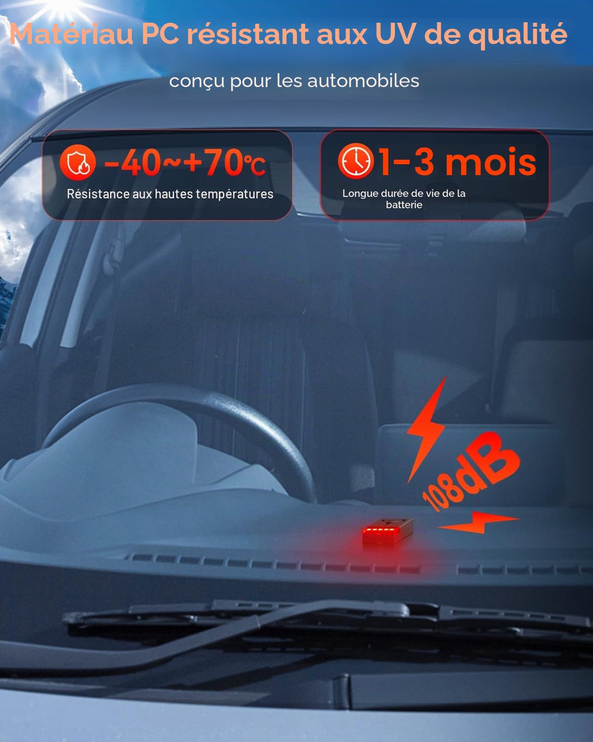Alarme de vibration antivol pour voiture, ELECTOP 108 dB - Vibration sonore et lumineuse - Alarme de voiture à distance sans fil - Lumière de sécurité intérieure avec 2 alarmes