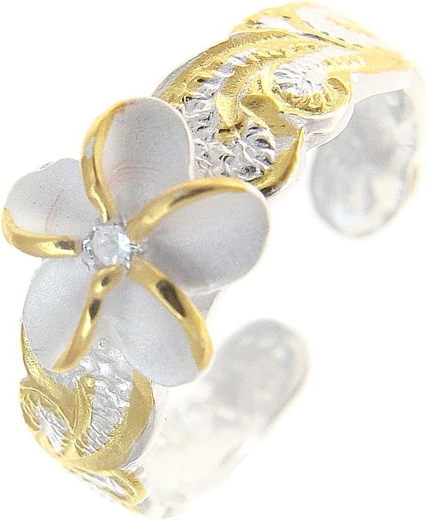 Arthur's Jewelry 925 sterling silver 2 tone yellow gold plated 8mm Hawaiian scroll plumeria flower cz toe ring