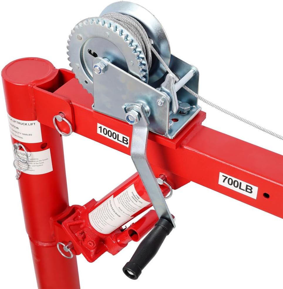 Pickup Truck Crane with Manual Winch, 1000 lb Capacity, Adjustable Boom (500–1000 lbs), 360° Swivel Base, Heavy Duty Steel Truck-Mounted Hoist for Loading in Warehouse, Factory, Construction – Red