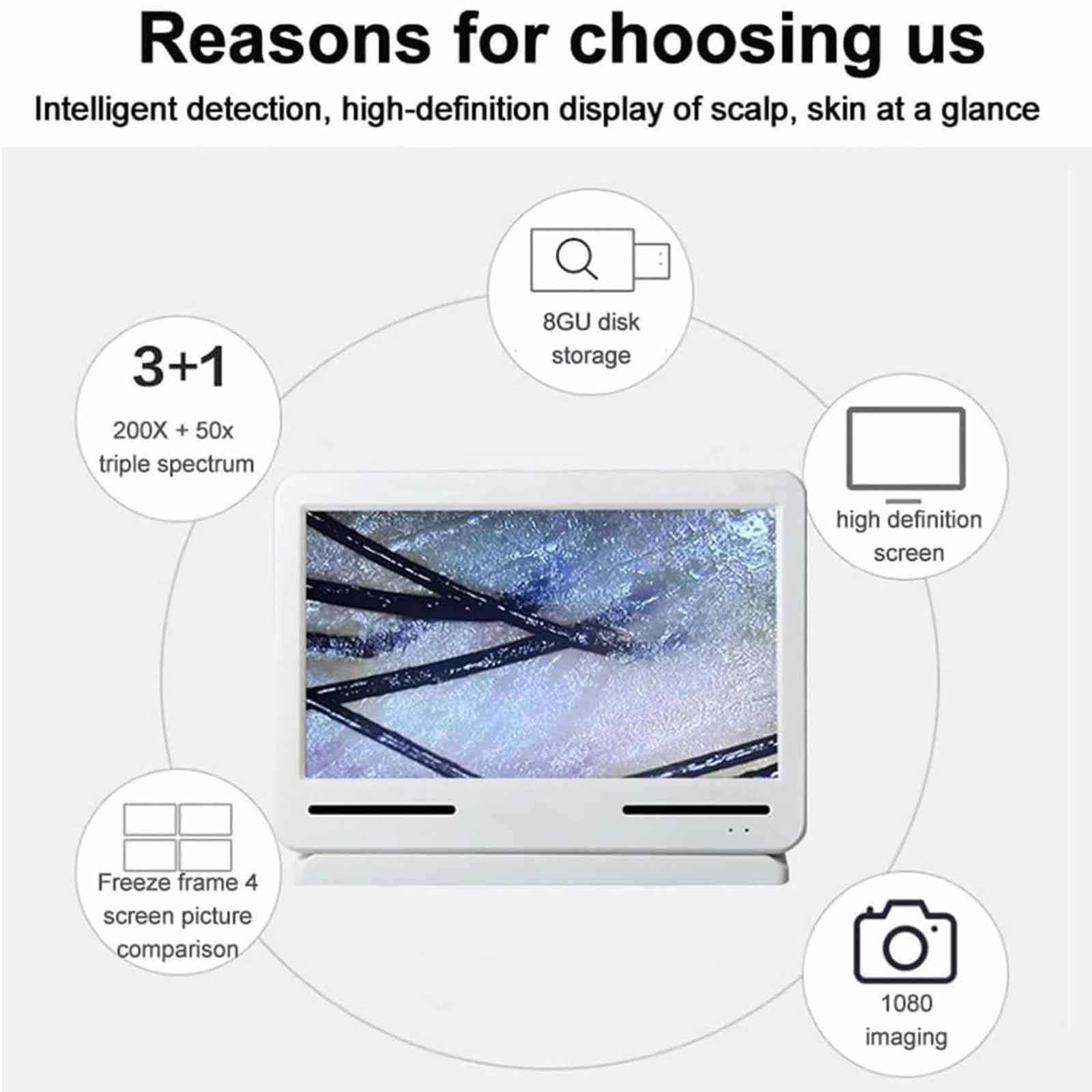 Haut Haar Analysegerät, 10,1 Zoll HD LCD Bildschirm, Mit Vier Rastern/Speicherfunktion 50X/200X Hautvergrößerung, Professionelles Follikelanalysegerät für Zuhause & Salon