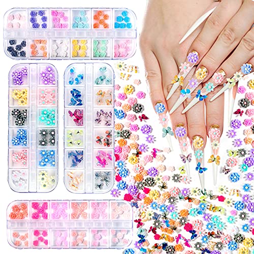 3D Flower Butterfly Nail Arts Charms for Nails,RRiody 216/240 Pcs Nail Glitter Decals Decoration Acrylic Bows Nail Stud for Women Girls Nail Art Accessories & DIY Crafting Design (216 Pieces)