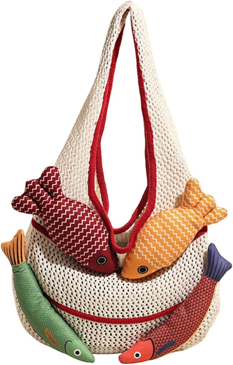 Knitted Beach Shoulder Bag for Women 3D Fish Bohemian Tote Versatile Purse Soft Hobo Handbag for Summer Vacation 2026