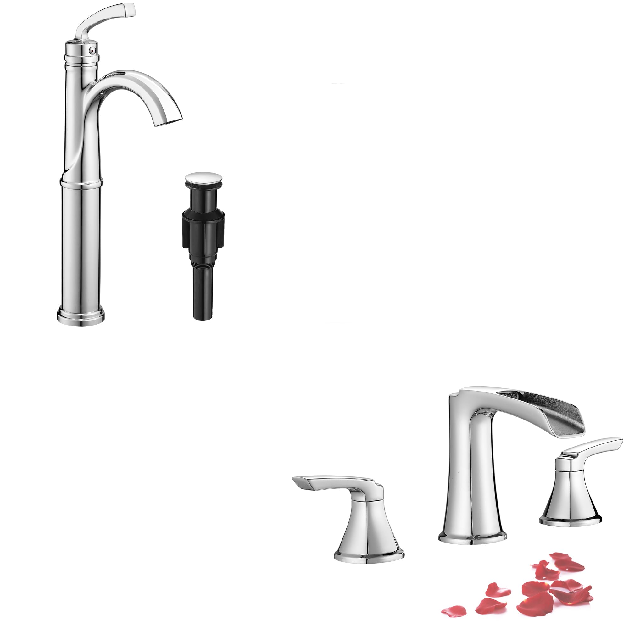 Hcfyauis Chrome Brass Vessel Faucet 1 Hole For Vessel Sinks With 1 Handle And Pop Up Drain, 3 Hole Widespread Waterfall Tub Faucet Deck Mount Set 6-16 Inch