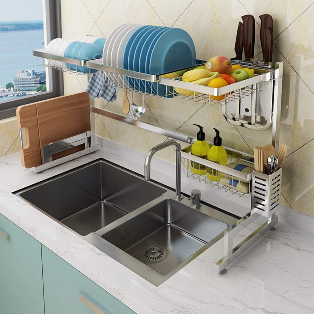 Ociekacz do naczyń ze stali nierdzewnej do zlewu oszczędzający miejsce uchwyt na sztućce kuchenne i półki odpływowe naścienny design niezbędny organizer kuchenny (rozmiar: 85 cm)