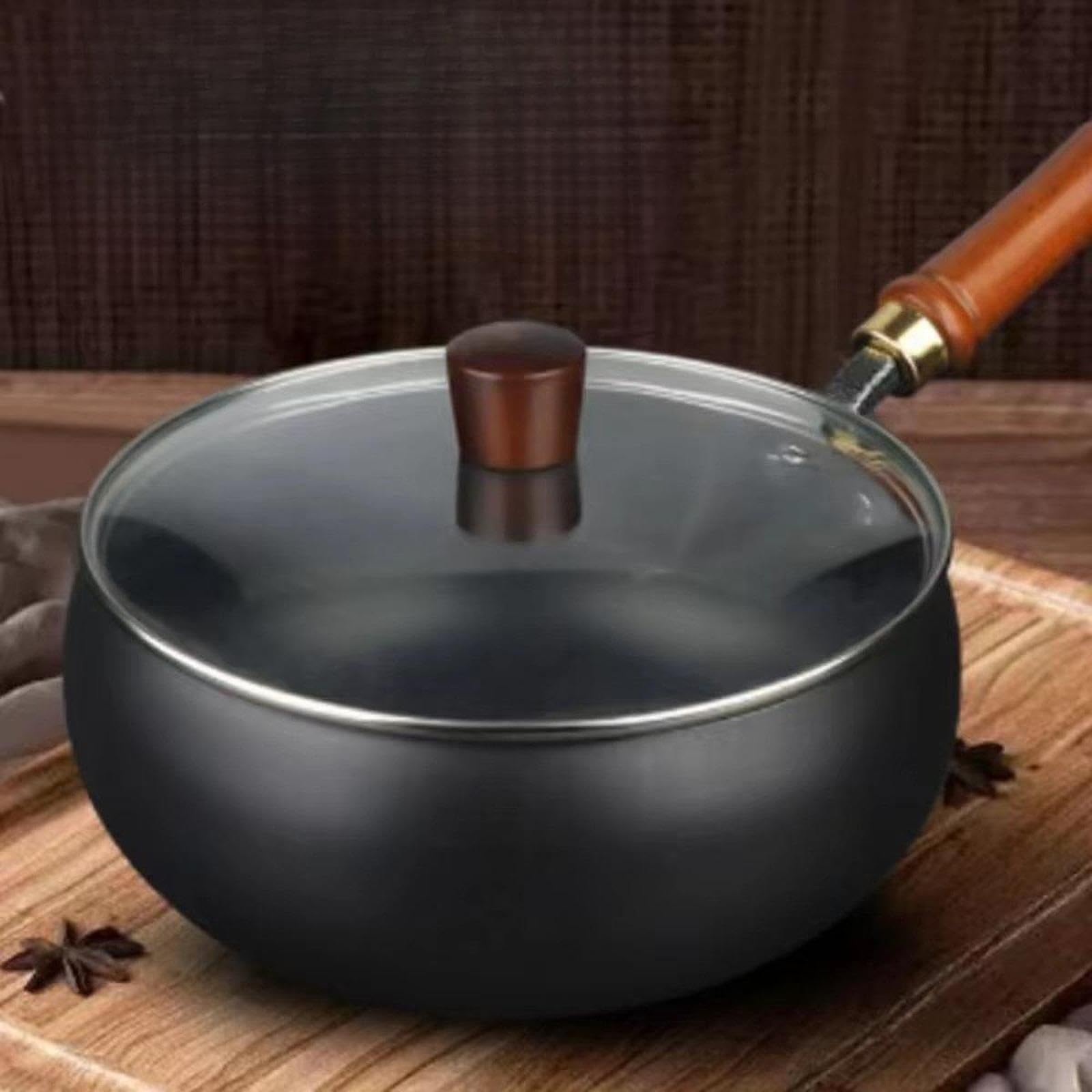 Versatile padella antiaderente wok per friggere e brasare con manico ergonomico in legno, fondo spesso e parete sottile, pentole per fornelli a induzione, coperchio in vetro, 24 cm