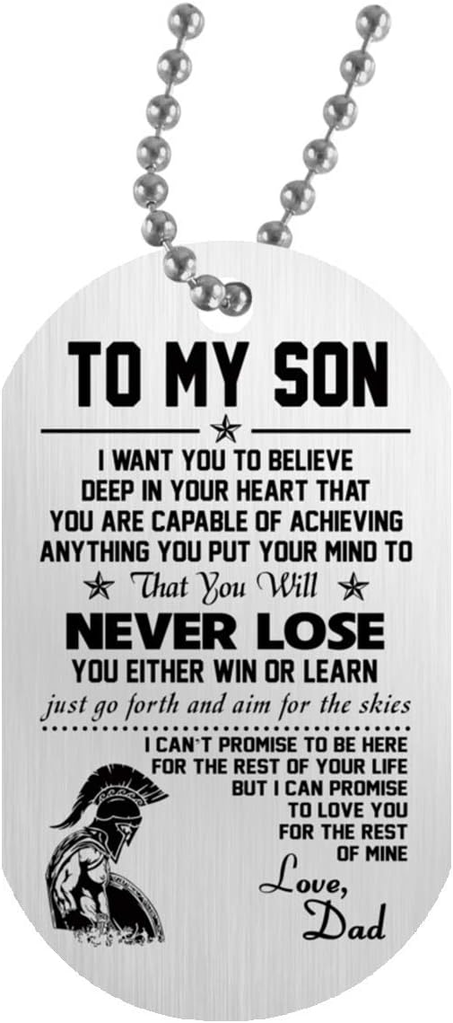 to My Son Dog Tag Chain - Warrior Spartan Necklace - Pendant for Son Love Dad - from Father - Amazing Gifts for Teen Boys, On Birthday, Xmas - Silver on The Back Side