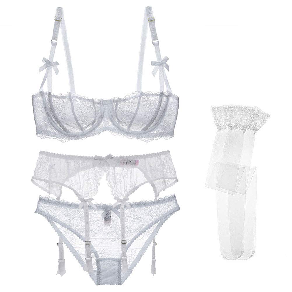 varsmissSheer Bra and Panties Set Non-Padded Balconette Bra &Panty& Garter & Stocking 4pcs for Women