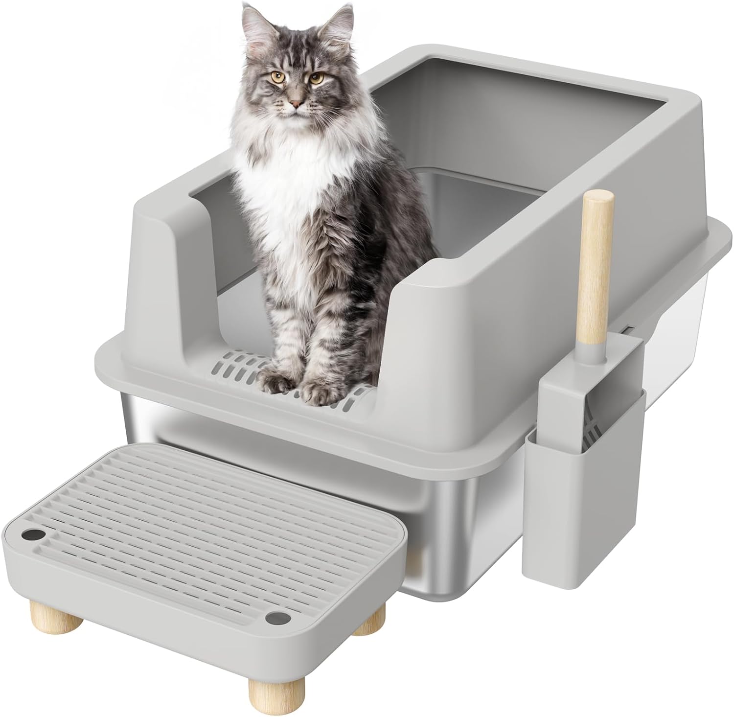 Stainless Steel Cat Litter Box - Enclosed Litter Box with Lid Extra Large XL Metal High Sided Litter Box for Big Cats, Easy Cleaning, Non-Sticky, Anti-Leakage, Included Spoon
