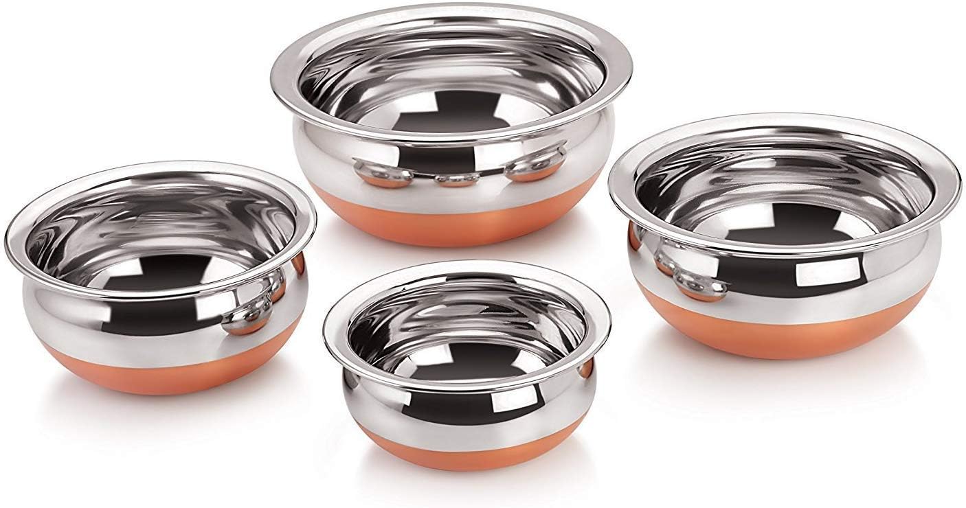 KSJ Stainless Steel Copper Bottom Kitchen Serving, Cooking Bowl Handi (Set of 4) (550ml, 750ml, 1250ml, 1750ml)