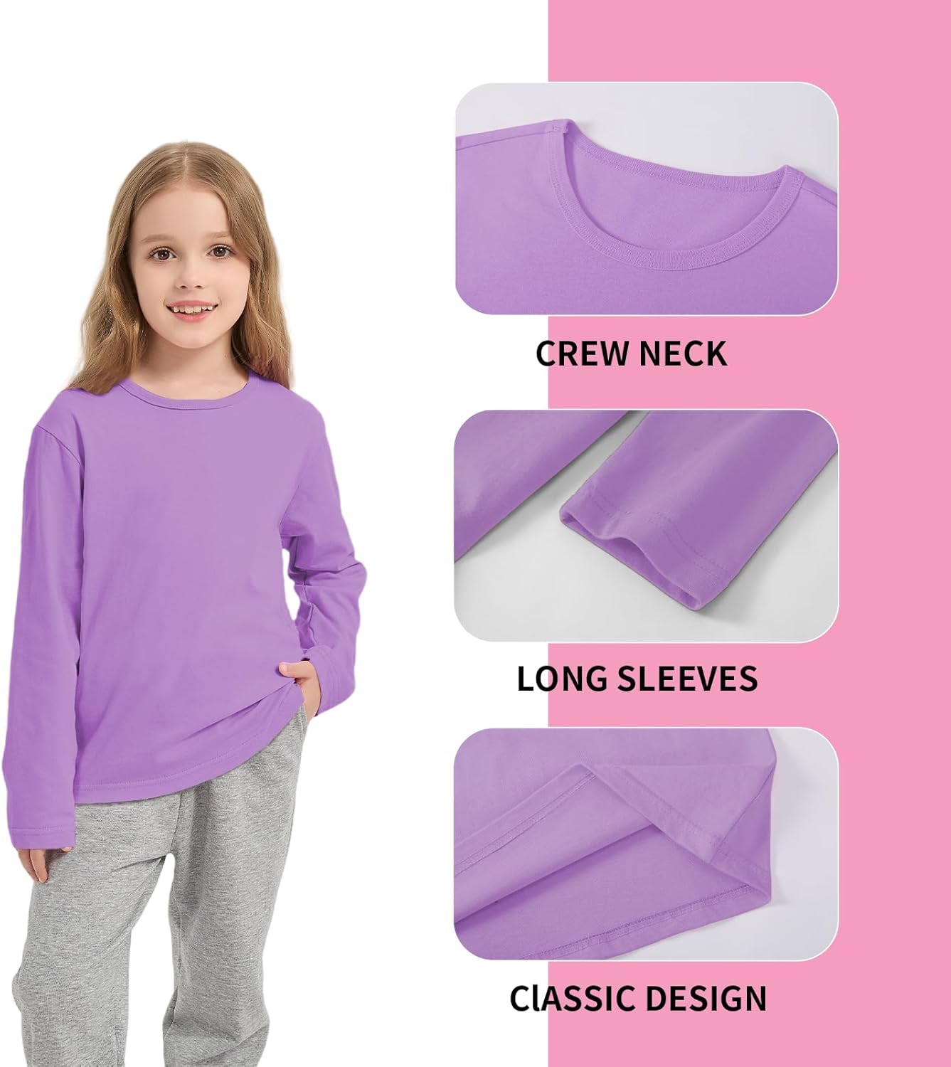 Girls/Toddlers Long Sleeve Shirts Kids Crewneck Soft Cotton Fall Tops Girls' Basic Long Sleeve Tee(2-14Years) - Image 4