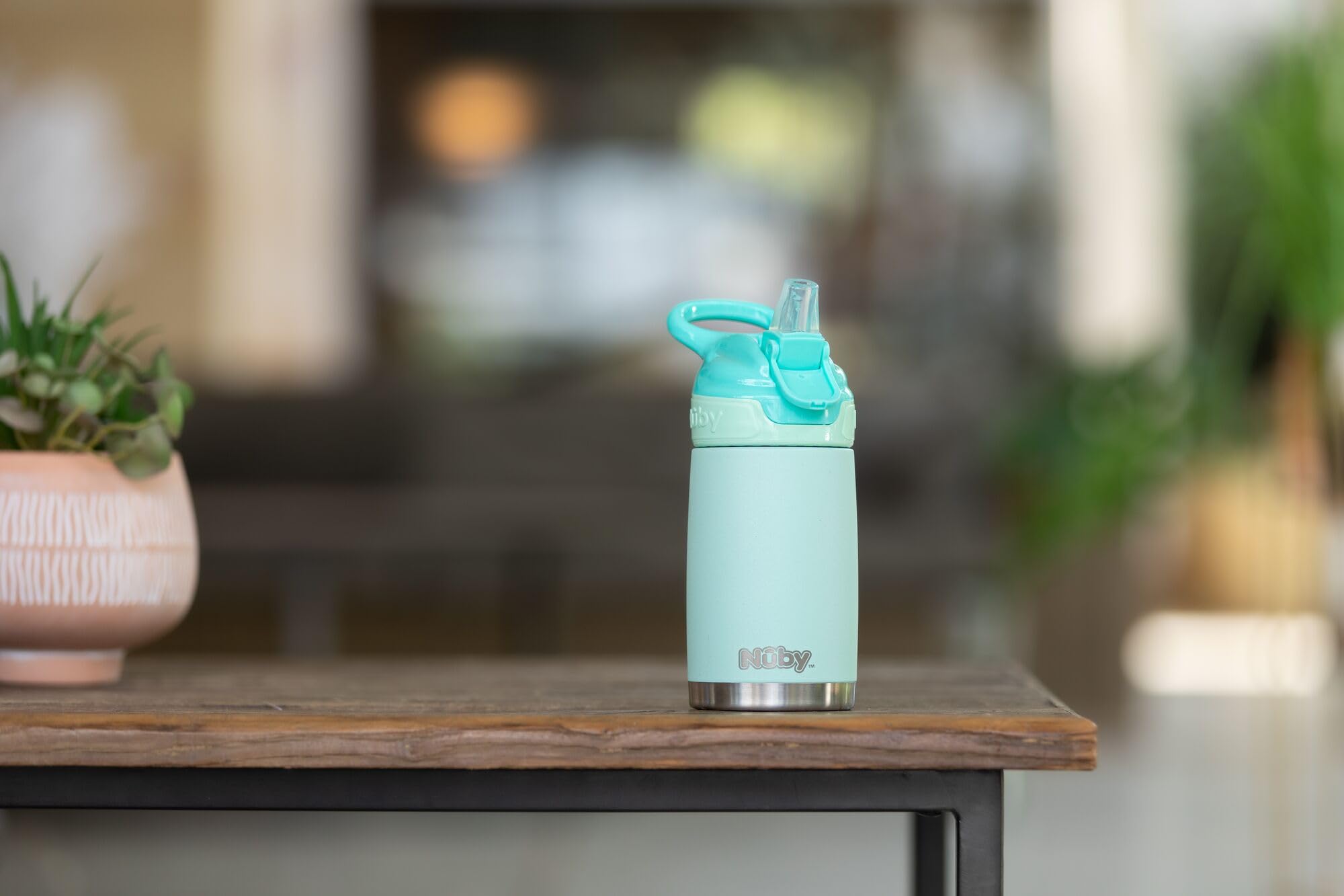 Nuby - Thirsty Kids - Botella Acero Inoxidable Flip-It Reflex para viajes - Vaso Antiderrame Bebe Con Cierre Seguro Y Diseño Térmico - Botella De Viaje Para Niños 10 Onzas - Vaso Bebe Color Turquesa