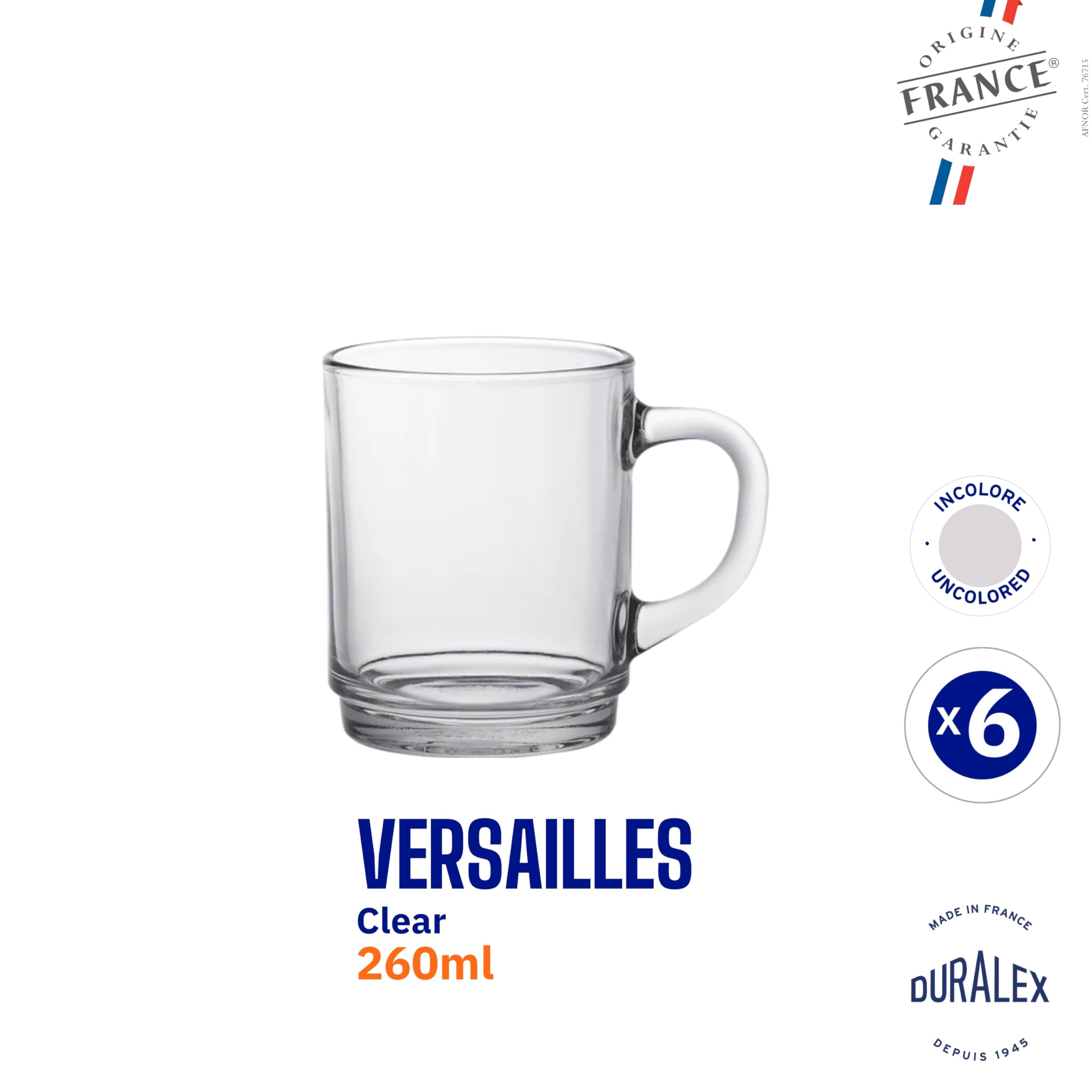 Duralex France Versailles Clear Tempered Glass Mugs | 260ml Set of 6 | Ultra-Resistant, Stackable Coffee & Tea Mugs | Microwave & Dishwasher Safe | Giftable Mug Set 1