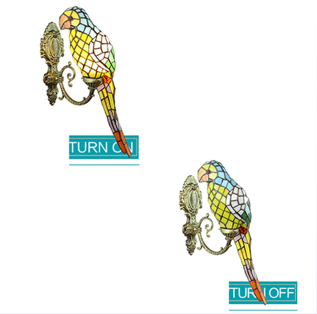 Applique murale style Tiffany avec vitraux de Parrot Design en finition bronze antique - Lampe murale avec perroquets rouges et verts pour décoration de la maison, B