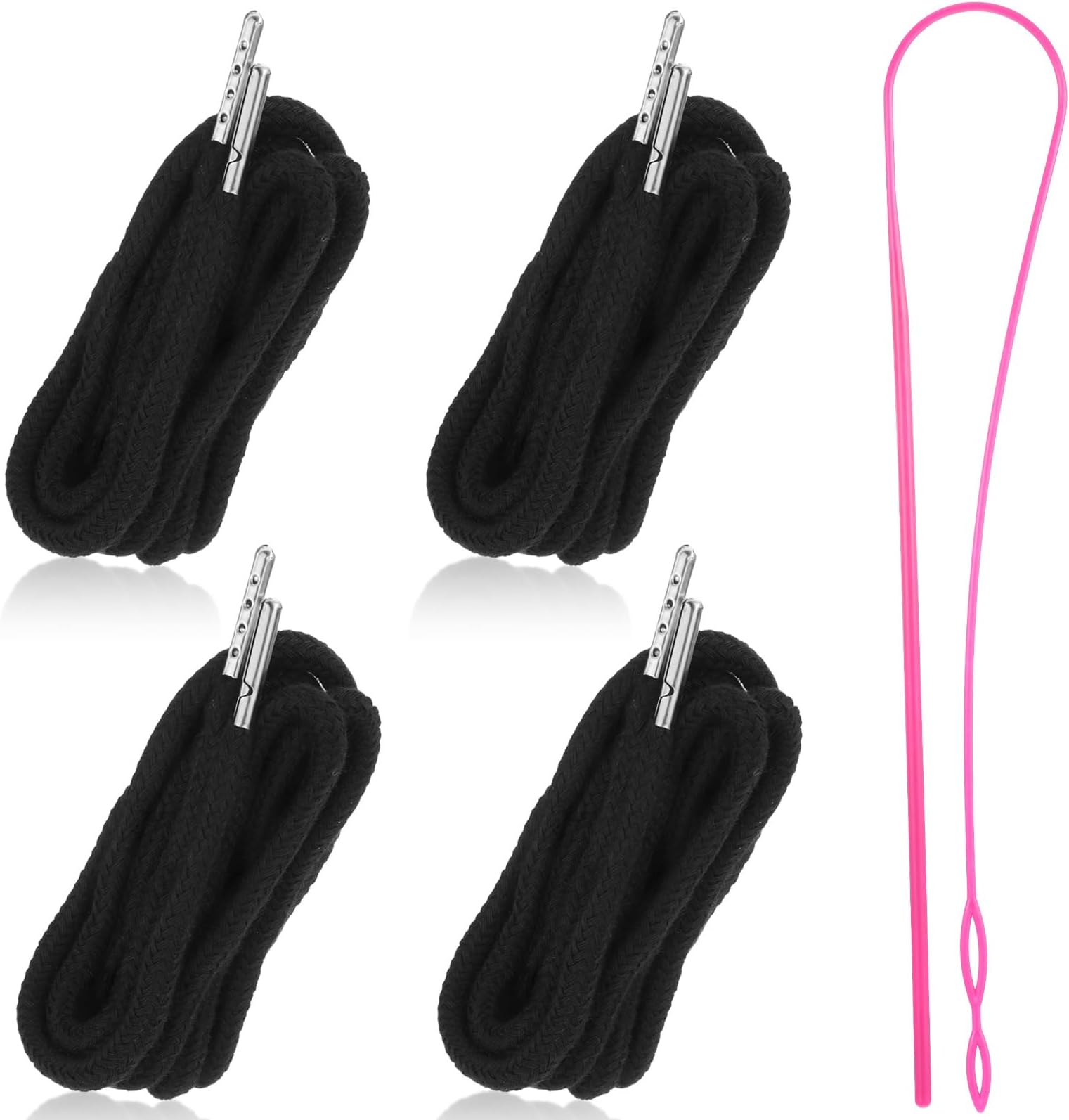 4 Pcs Drawstring Cords, 51 Inch Drawstring Cords Replacement, Hoodie Strings Draw String Lanyard String with Easy Threader Tool for Sweatpants, Shorts, Pants, Jackets, Clothes Rope, Hoodies (Black)