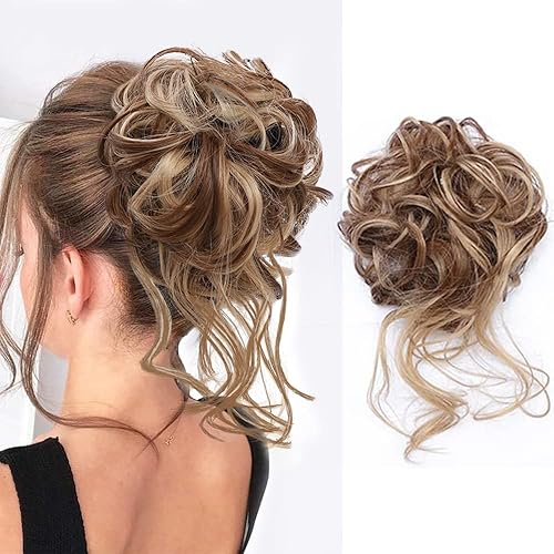 Messy Bun Hair Piece Tousled Updo Hair Extensions With Elastic Hair Bands Curly Hair Bun Scrunchie for Women(Brown Mix Light Brown#)