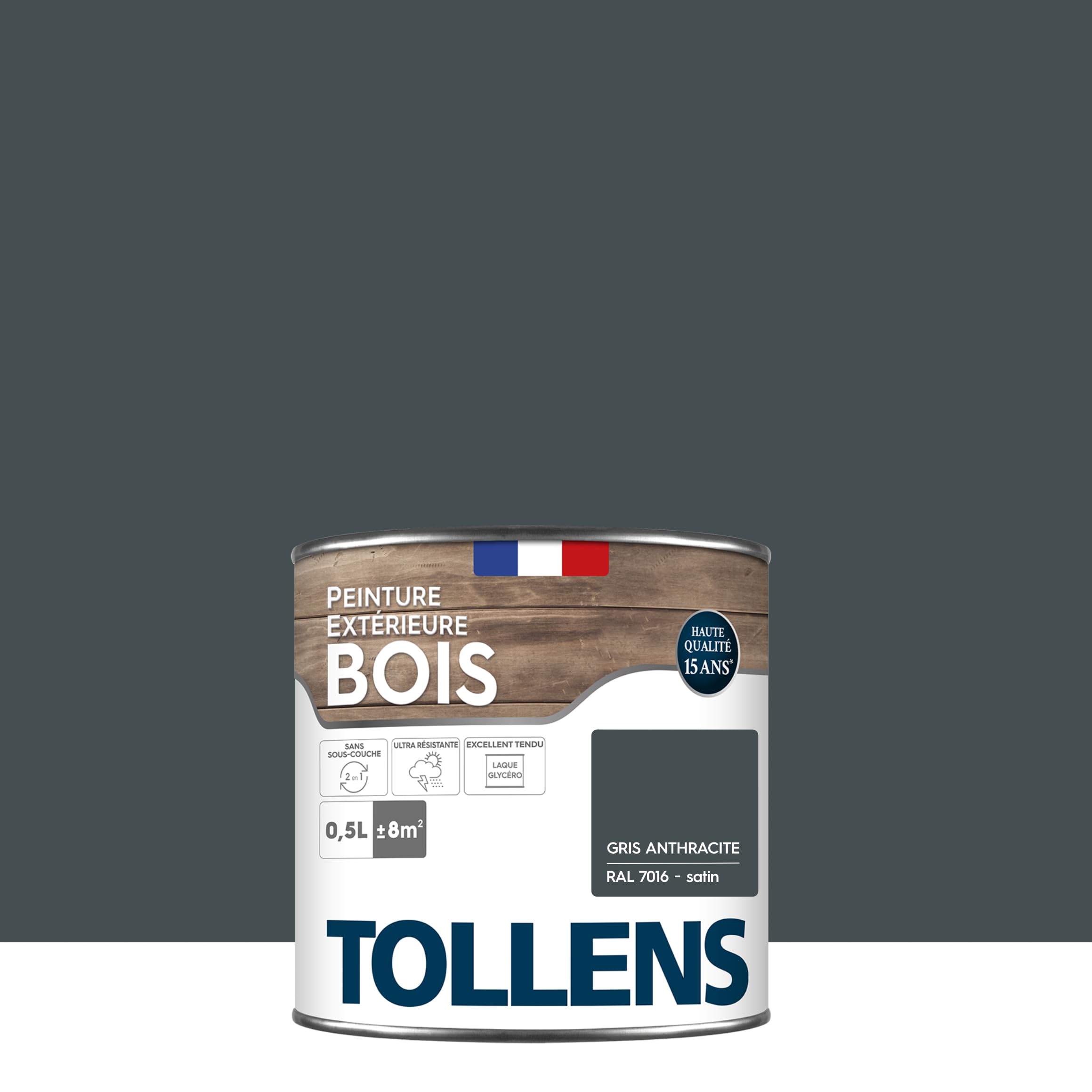 Tollens - Peinture extérieure bois 2 en 1 - Ultra Résistante - Finition Satin - Laque Riche en Résine - Pour Toute Boiserie Extérieure - Sans Sous-​Couche - Gris Anthracite - 0,​5L = 8m2