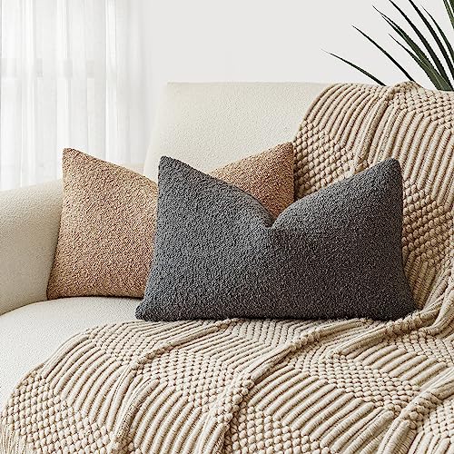 Image of Foindtower Pack of 2 Textured Boucle Throw Pillow Covers Accent Solid Decorative Lumbar Pillow Cases Woven Couch Cushion Case for Sofa Living Room Home Decor, 12 x 20 Inch,Dark Grey
