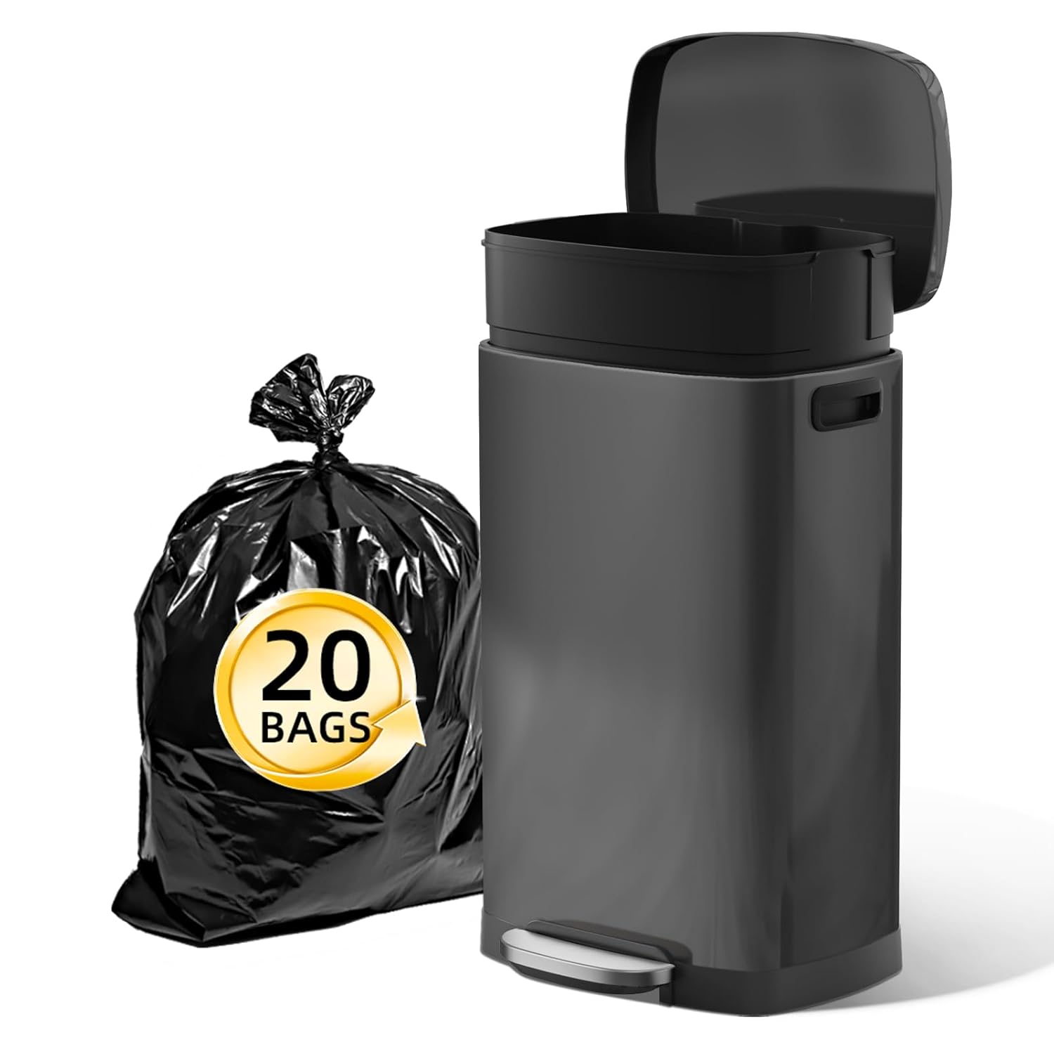 KUK 13 Gallon Kitchen Trash Can with Lid, 50L/13Gal Office Step Garbage Can for Home, Kitchen, Laundry Room, Office, Brushed Stainless Steel, Titanium Black