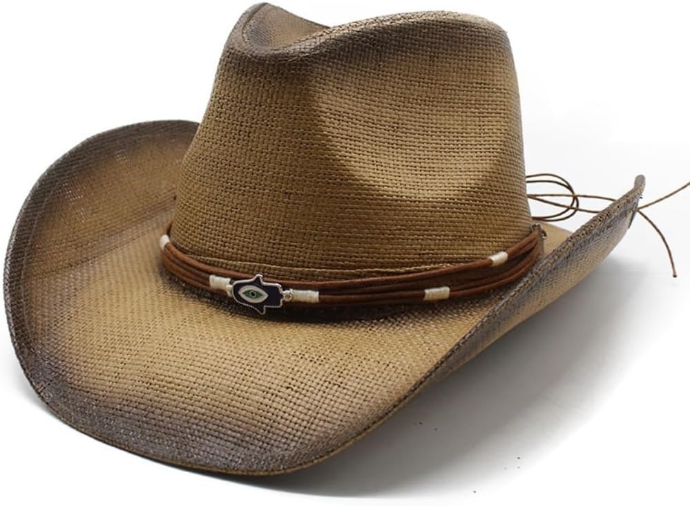 Western Cowboy Hat, Straw Material, Wide Brim, Decorative Band with Evil Eye, Beige and Brown