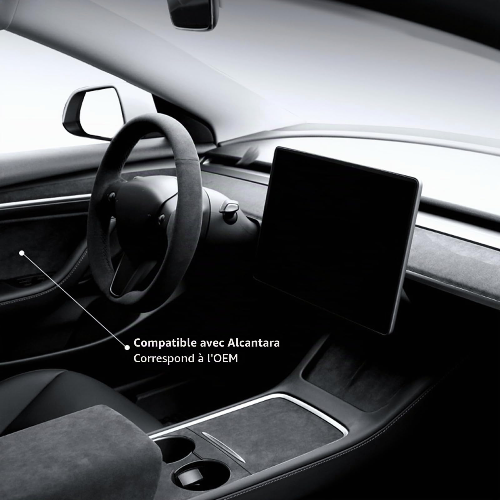 Film pour tableau de bord et panneau de porte avant Compatible avec matériau Alcantara Compatible avec Tesla Model Y Model 3 2018-2023 (Black9002)