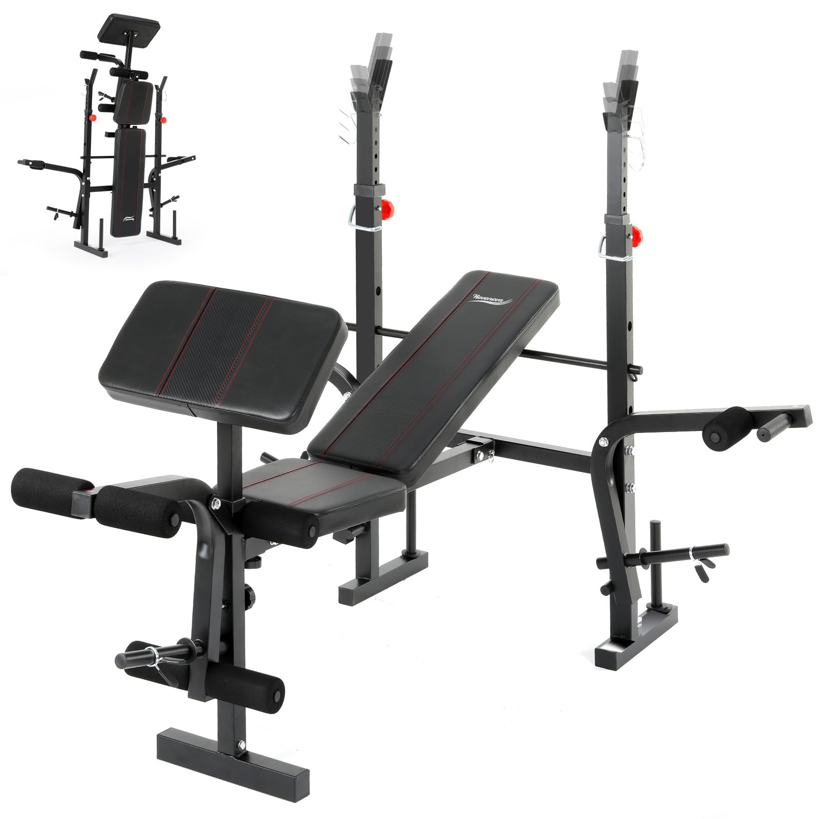 Banc de Musculation Complet Multifonction avec Dossier Réglable, Repose-Jambes et Support de Poids, Banc Musculation Pliable&Inclinable/Bancs Developper Coucher, Bancs de Biceps/de Curl