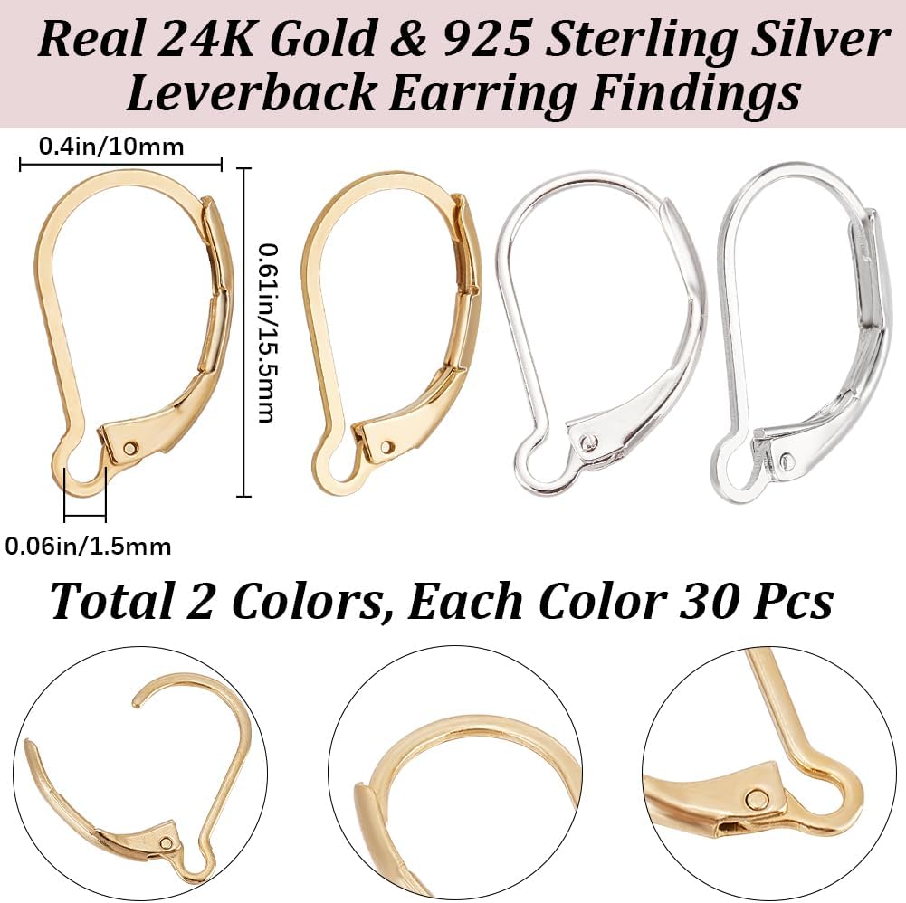 Beebeecraft 1 Box 60Pcs Leverback Earring Findings 24K Gold & 925 Sterling Silver Plated Clasp French Earring Hooks Ear Wire Clip Connector for Jewelry Making - Image 2