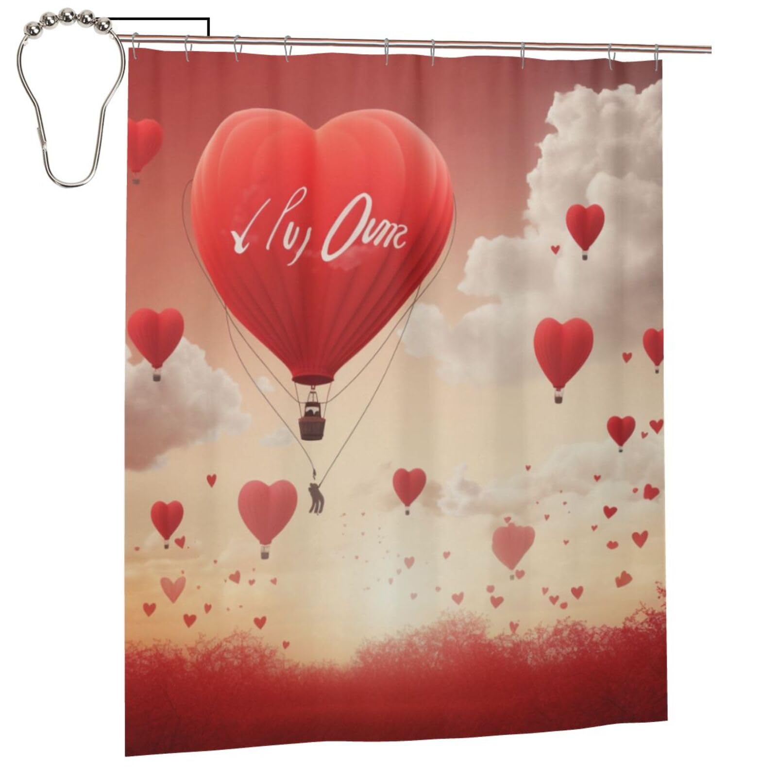 BWWHCCTI Romantic Heart Balloon Printed Shower Curtain With 12 Iron Hooks Opaque Quick Drying Waterproof Shower Curtains Sets For Bathroom 152x183 Cm