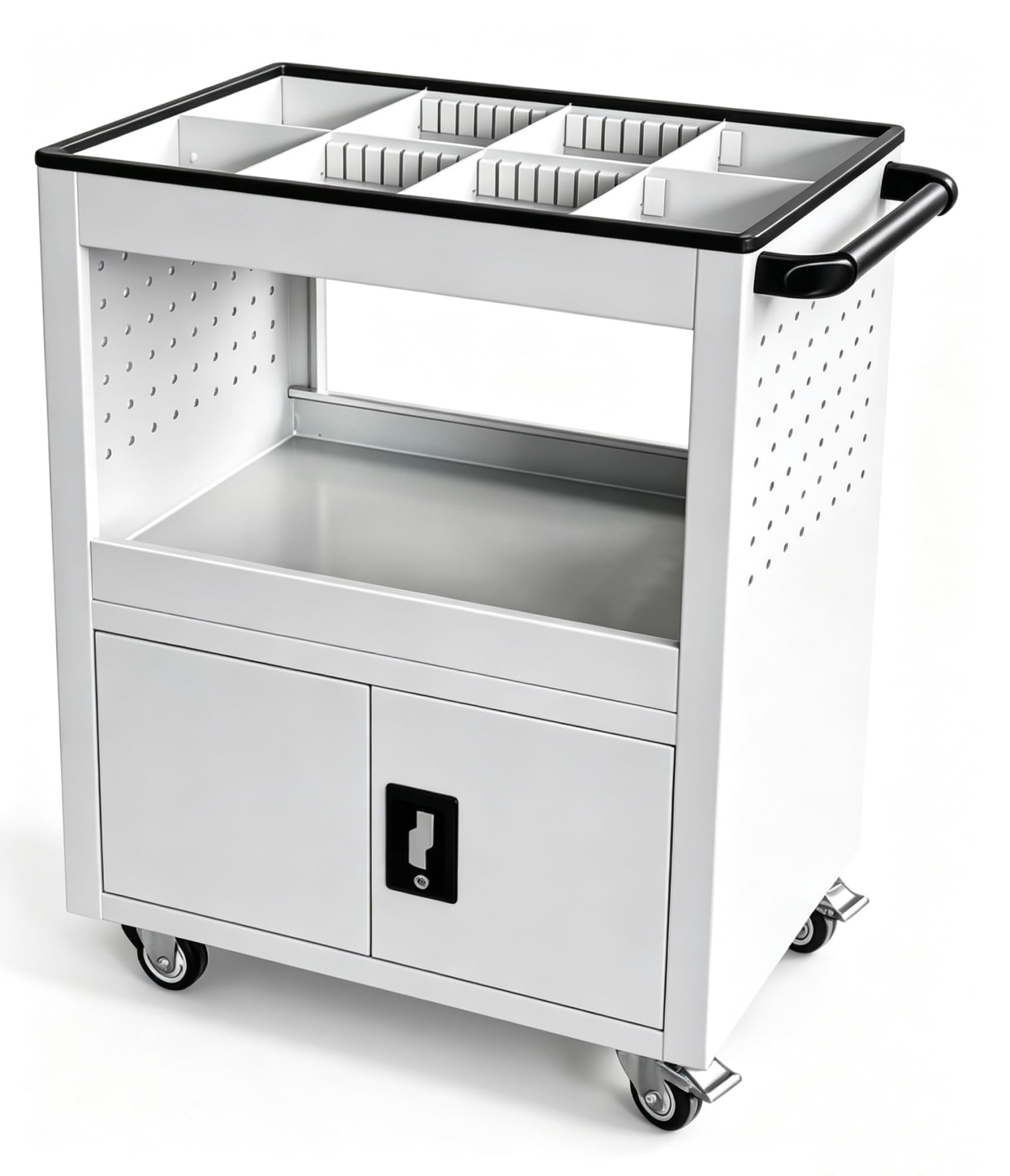 Metal Tool Cart With Lockable Cabinet & Parts Divider Tray, Rolling Utility Storage Trolley For Garage Workshop Repair Organizer