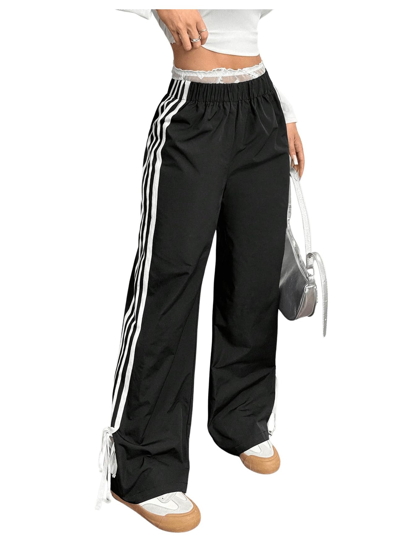 GORGLITTER Womens Side Striped Wide Leg Track Pants Dressy Casual Bowknot Streetwear Pant Y2k High Waisted Trousers