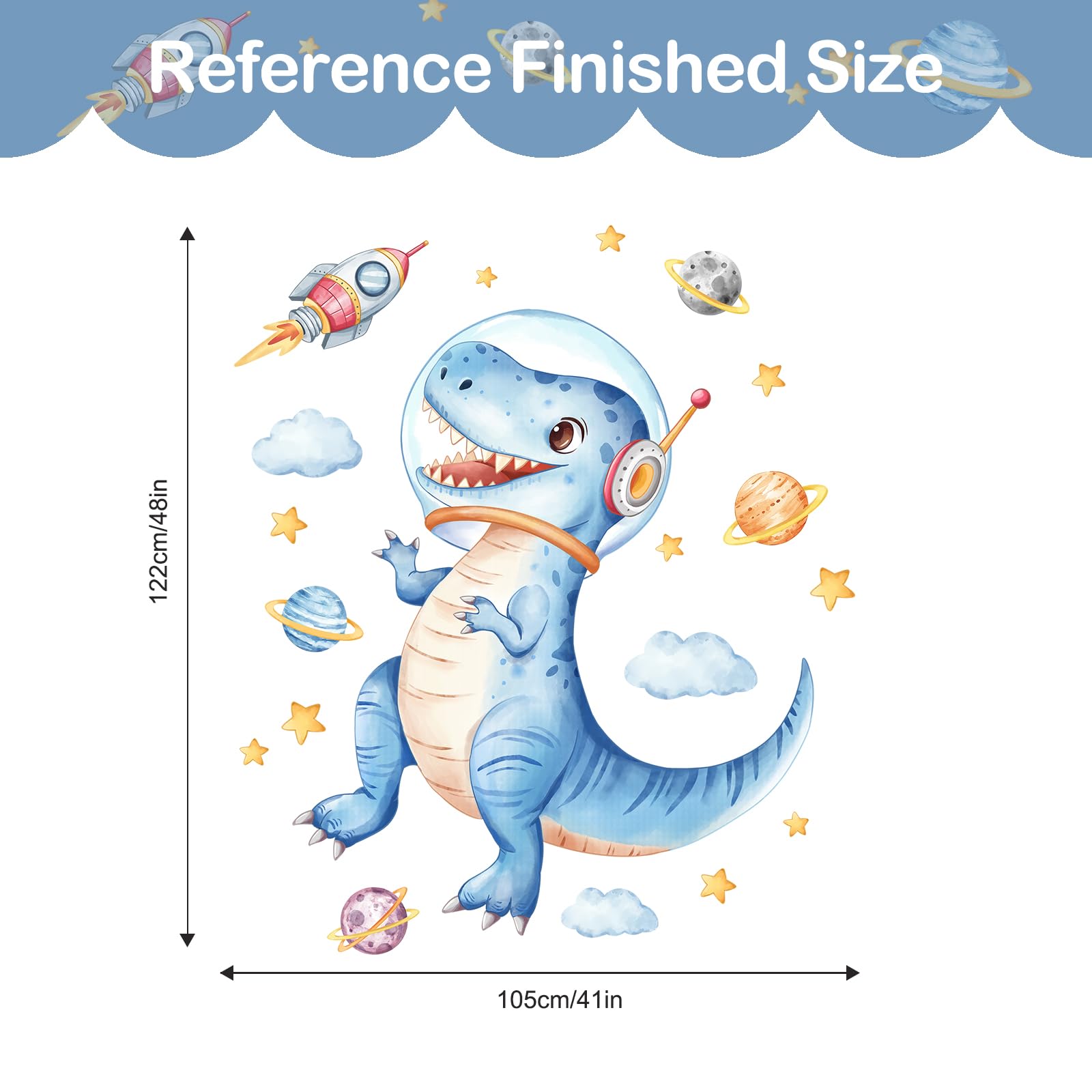 Tanlaby Large Blue Dinosaur Wall Stickers Space Dino Astronaut Wall Decals Peel and Stick Rocket Planets Clouds Art Decor for Baby Nursery Boys Girls Kids Toddler Bedroom Playroom Classroom - Image 4