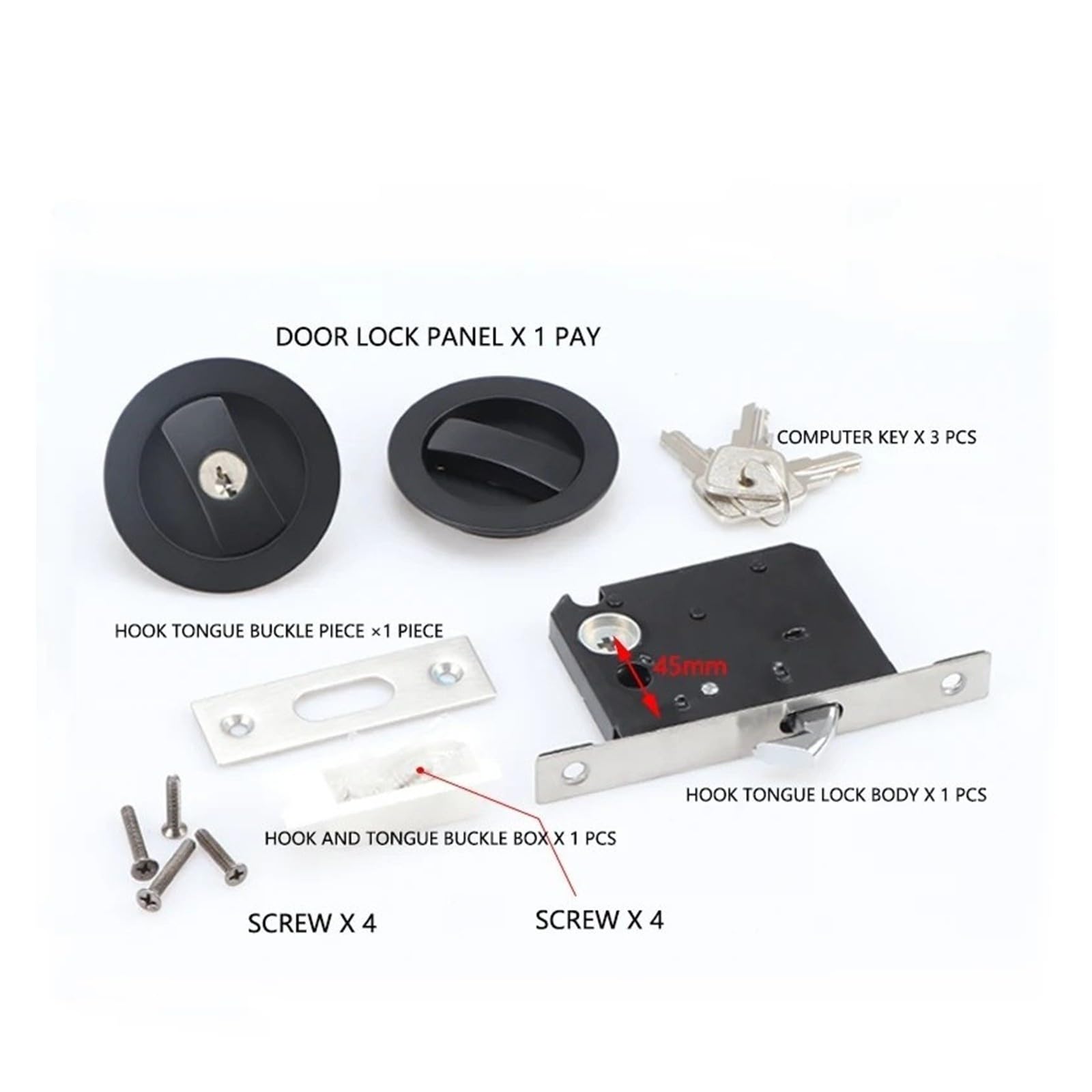 Cerradura de puerta corredera de doble gancho Invisible negra for baño(Have the key 1)