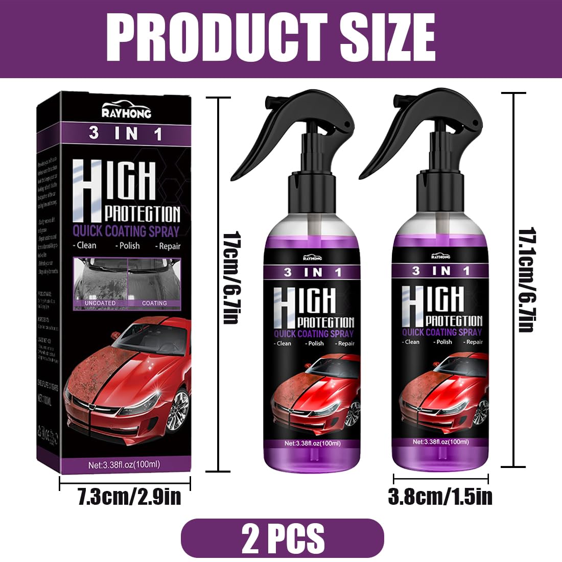 HONGECB High Protection Spray 3 w 1, Nano Ceramic Spray Coating, Renowacja Pro Auto Nadwozie, Polerowanie samochodu Powłoka natryskowa, polerka naprawa Pro Auto Motocykl karoseria, 2 szt