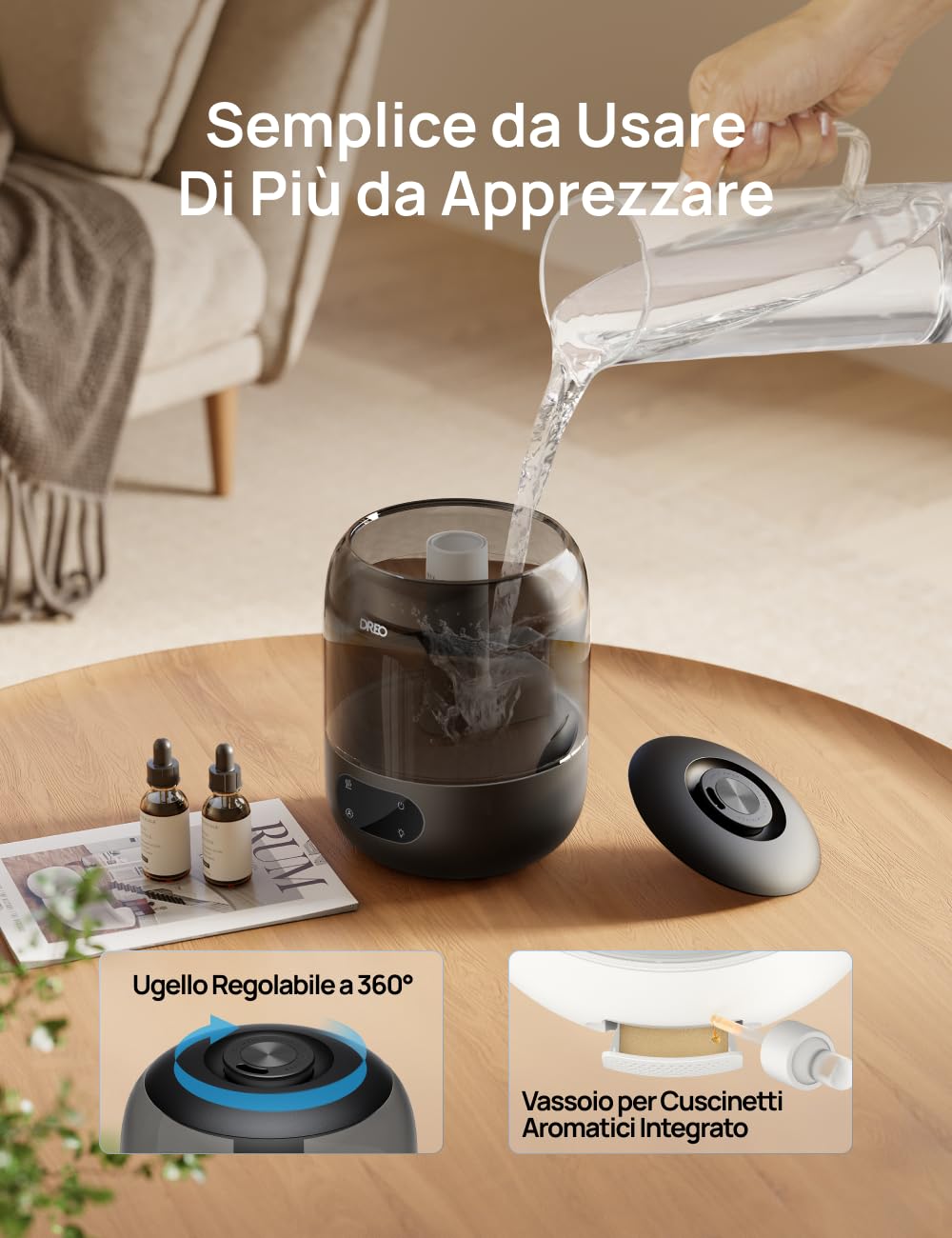 Dreo 3L Umidificatore Ambiente Bambini Silenzioso 26dB con Sensore di Umidità, Ultrasuoni Nebbia Fresca, Ugello 360°, 30h Autonomia, Diffusore Oli Essenziali, Luce Ambientale, per Casa e Piante, Nero