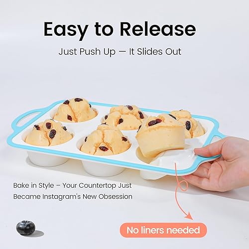 Miniatura 4 de Molde de silicona jumbo para magdalenas con marco de metal, antiadherente de silicona de grado alimenticio, con asas, 6 tazas, sin BPA y apto para