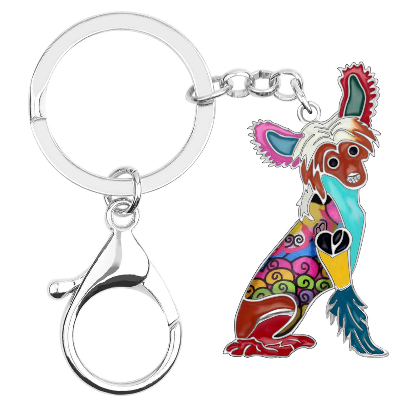 BONSNYEnamel Metal Heart Rhinestone Chinese Crested Dog Key Chains For Women Kids Car Purse bag Rings Charms Pets Gift