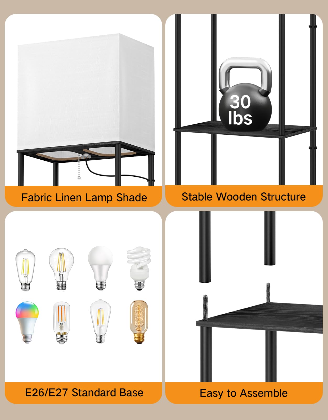 OUTON Lampada da terra con 3 ripiani, piantana design moderno con ripiano | in legno, libreria alta a 3 temperature di colore, LED lettura regolabile, Salotto, Camera, Ufficio (Nero)