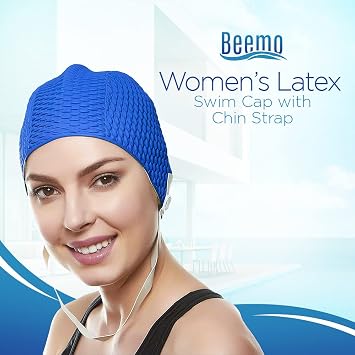 BeeMo Womens Latex Swim Cap - Rubber Swim Cap - Soft Comfortable Stretch Stylish Low Cut Design Protects Hair from Sun Salt or Chlorine Perfect for Water Activities Optional Chin Strap Available