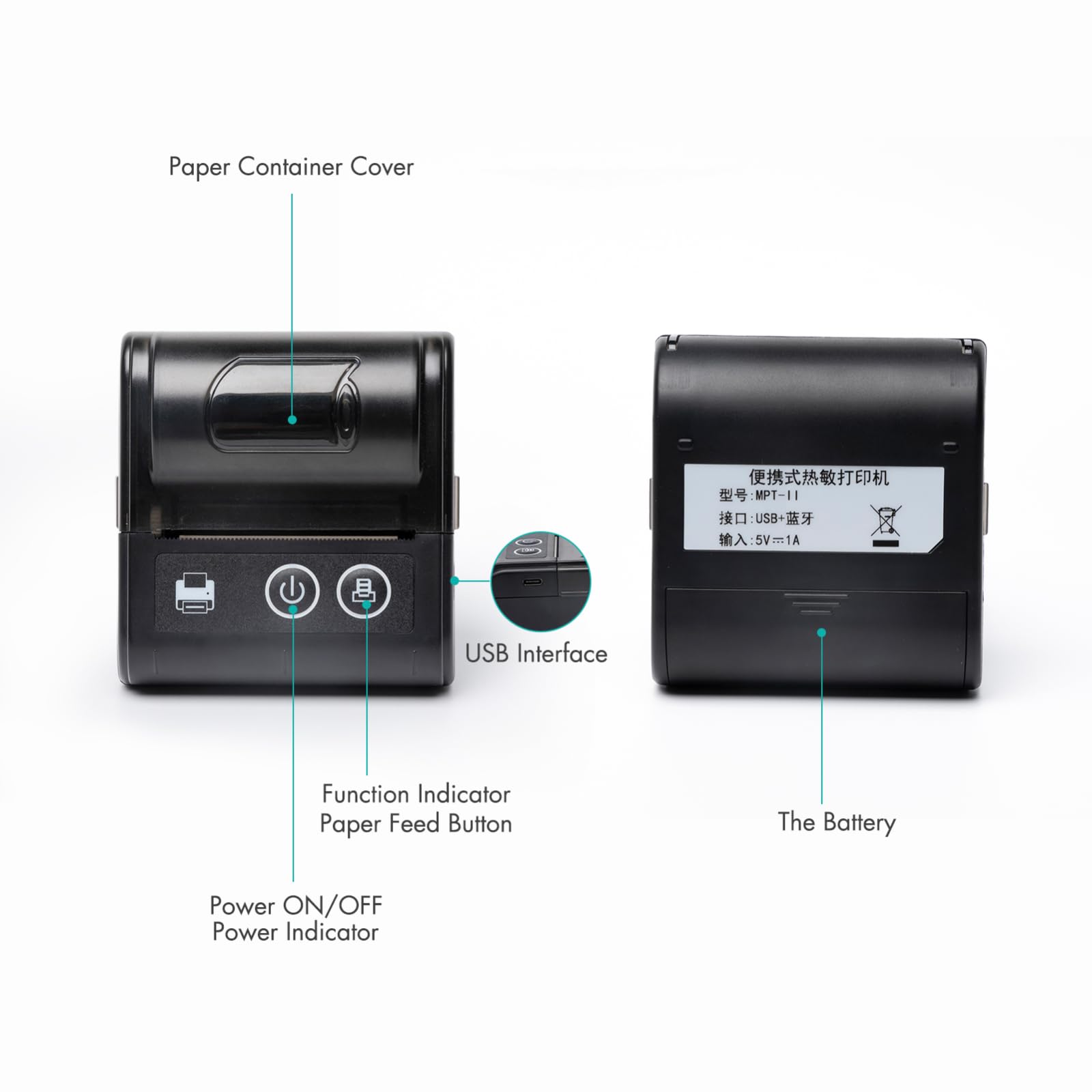Mini imprimante thermique portable USB et Bluetooth 57 mm sans fil haute vitesse 1 rouleau de papier intégré compatible iOS, Android, Windows pour restaurant, vente au détail